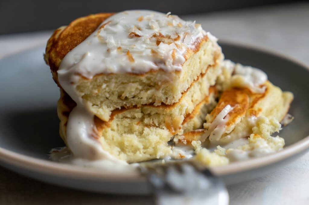 The inside of Coconut Ricotta Pancakes. Fluffy, and custardy texture.