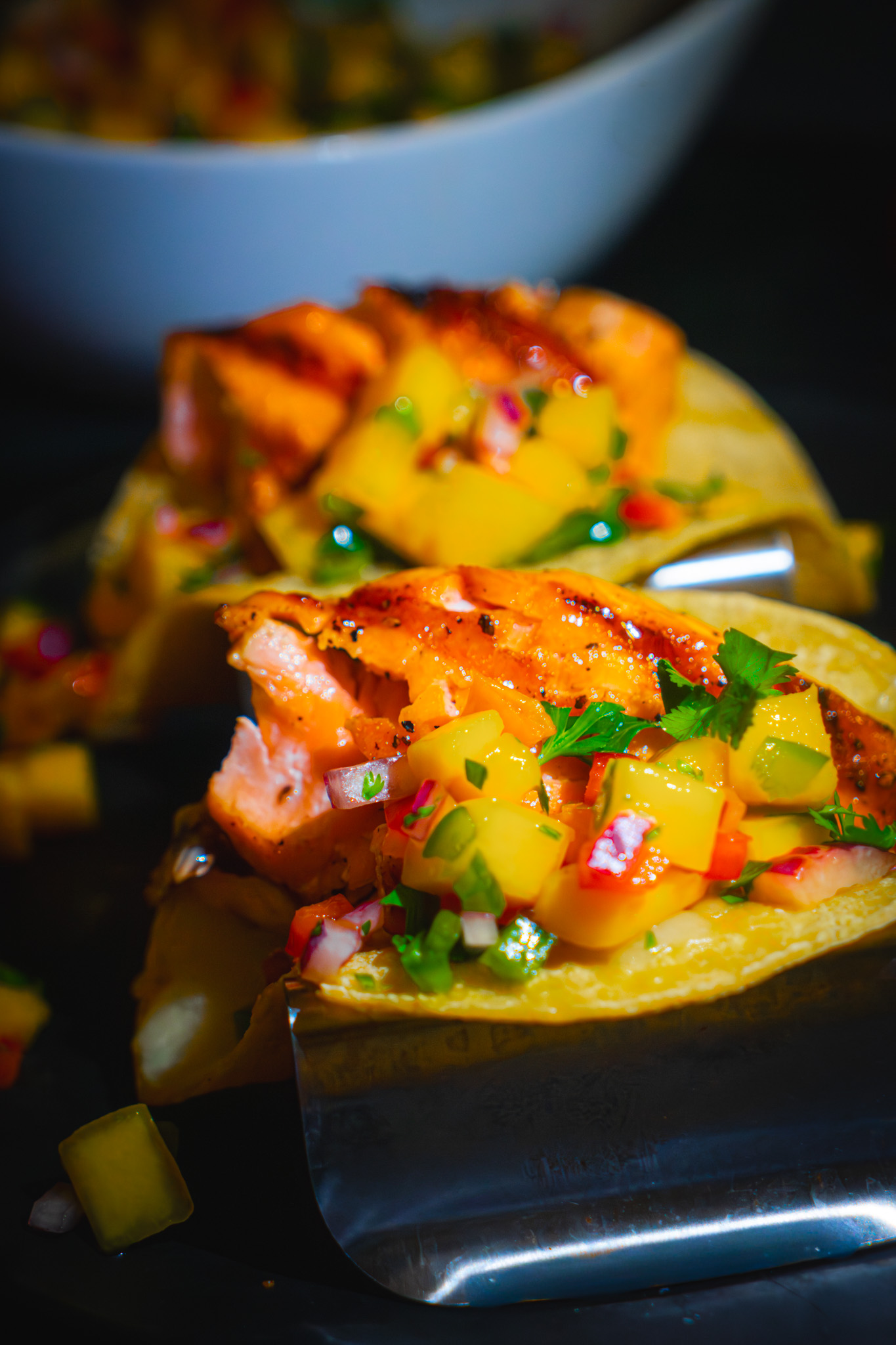 kelly-jean-TclQHtlkzRc-unsplash Grilled Salmon with honey butter glaze, mango salsa and wrapped into a corn soft taco