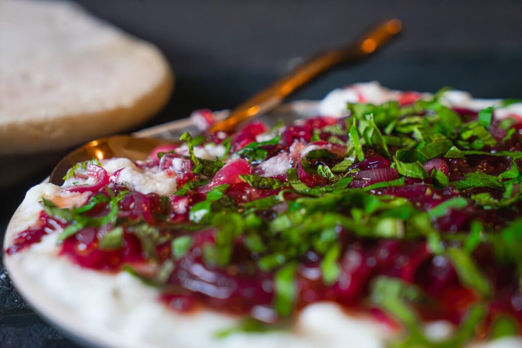 Minted yogurt and jammy onion dip
