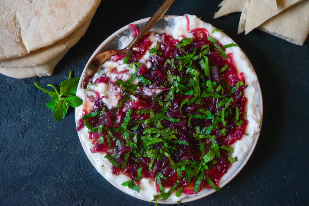Minted yogurt and jammy onion dip