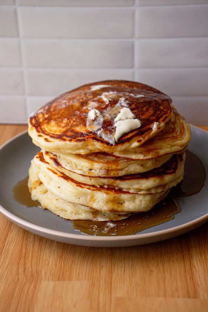 Stack of overnight sourdough discard ricotta pancakes